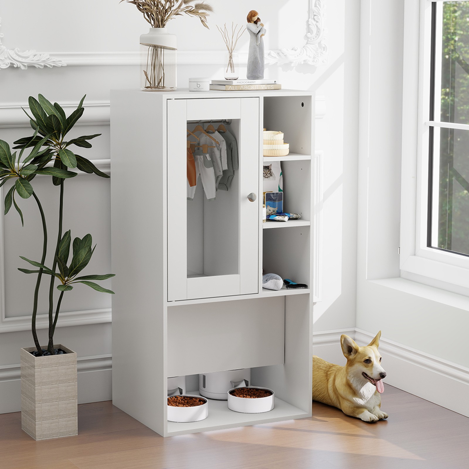 Pet Organizer: Feeding Station & Storage Cabinet with Hanging Rod, Magnetic Door