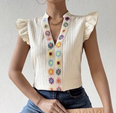 Embroidered Cream Flutter Sleeve Blouse