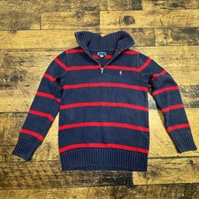 Polo Ralph Lauren Kids Sweater 10 12 Navy Red Stripe Quarter Zip Cotton Blend