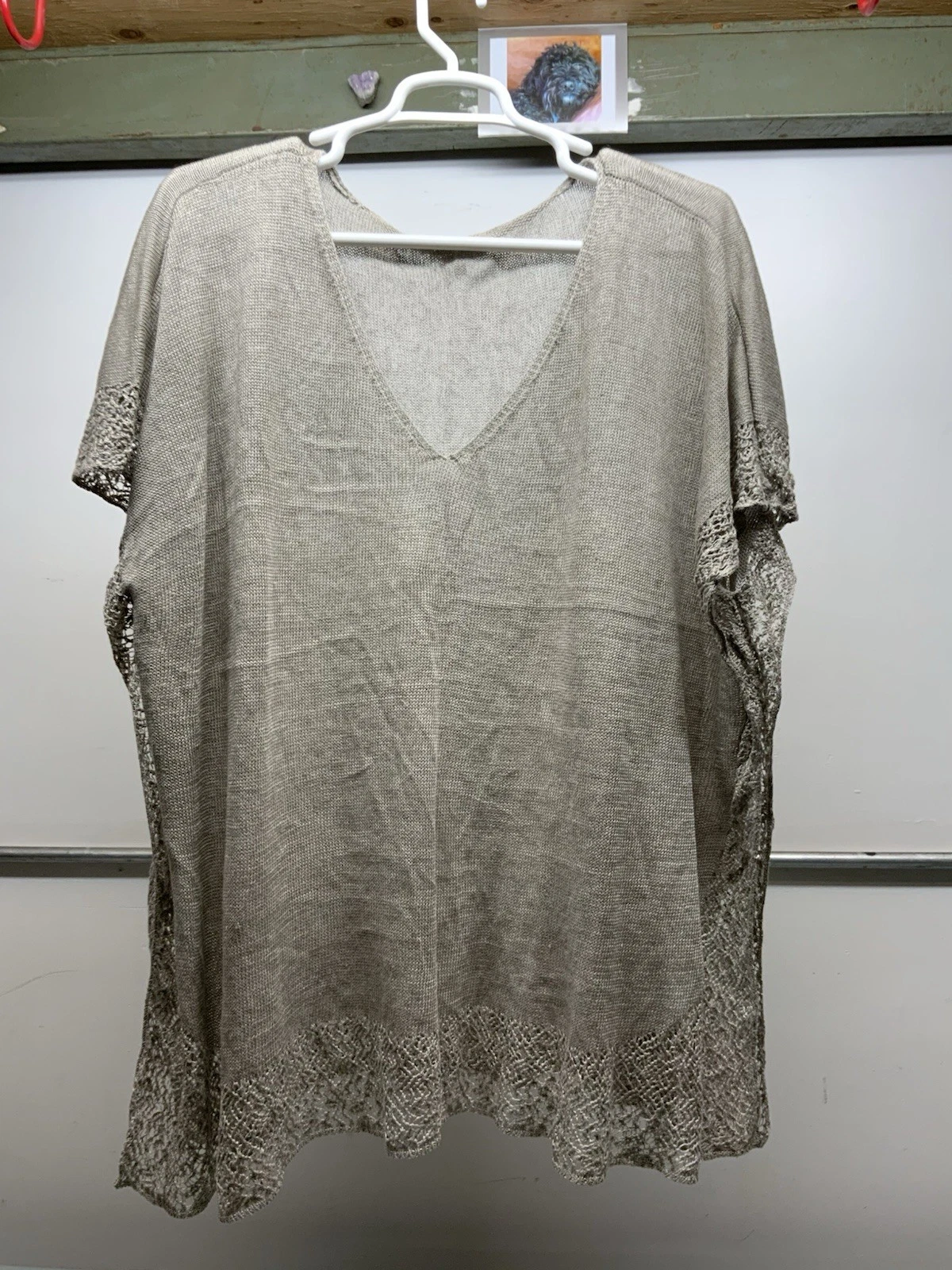 Eileen Fisher Linen Knit Poncho Tip, V-Neck, Lace Trim, Gray, Size 3X
