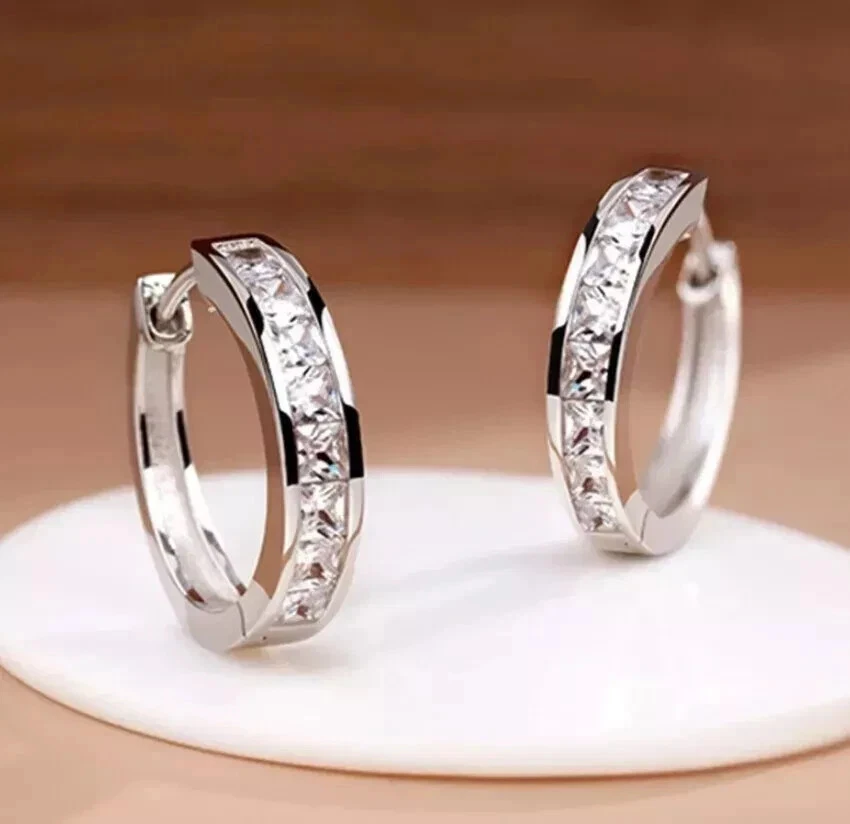 2Ct Princess Cut Lab-Created Diamond Huggie Hoop Earrings 14k White Gold Plated - Image 3 of 4