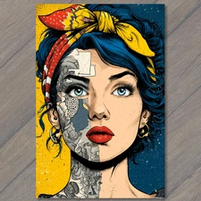 Art Print Blue Eyes Red Lips Comic Tattoo Style Bold Woman Portrait