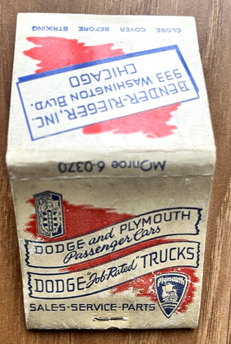 vintage bender-rieger inc dodge plymouth match book chicago illinois