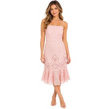 Lulus Pink Lace Mermaid Midi Dress Medium Square Neck Ruffle Hem Wedding Guest