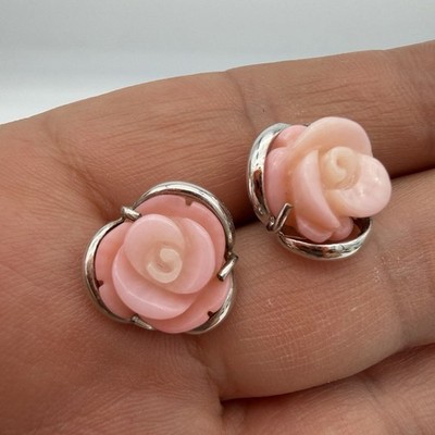 Vtg Michael Valitutti NH Carved Coral Earrings Rose Pink White Sterling Silver