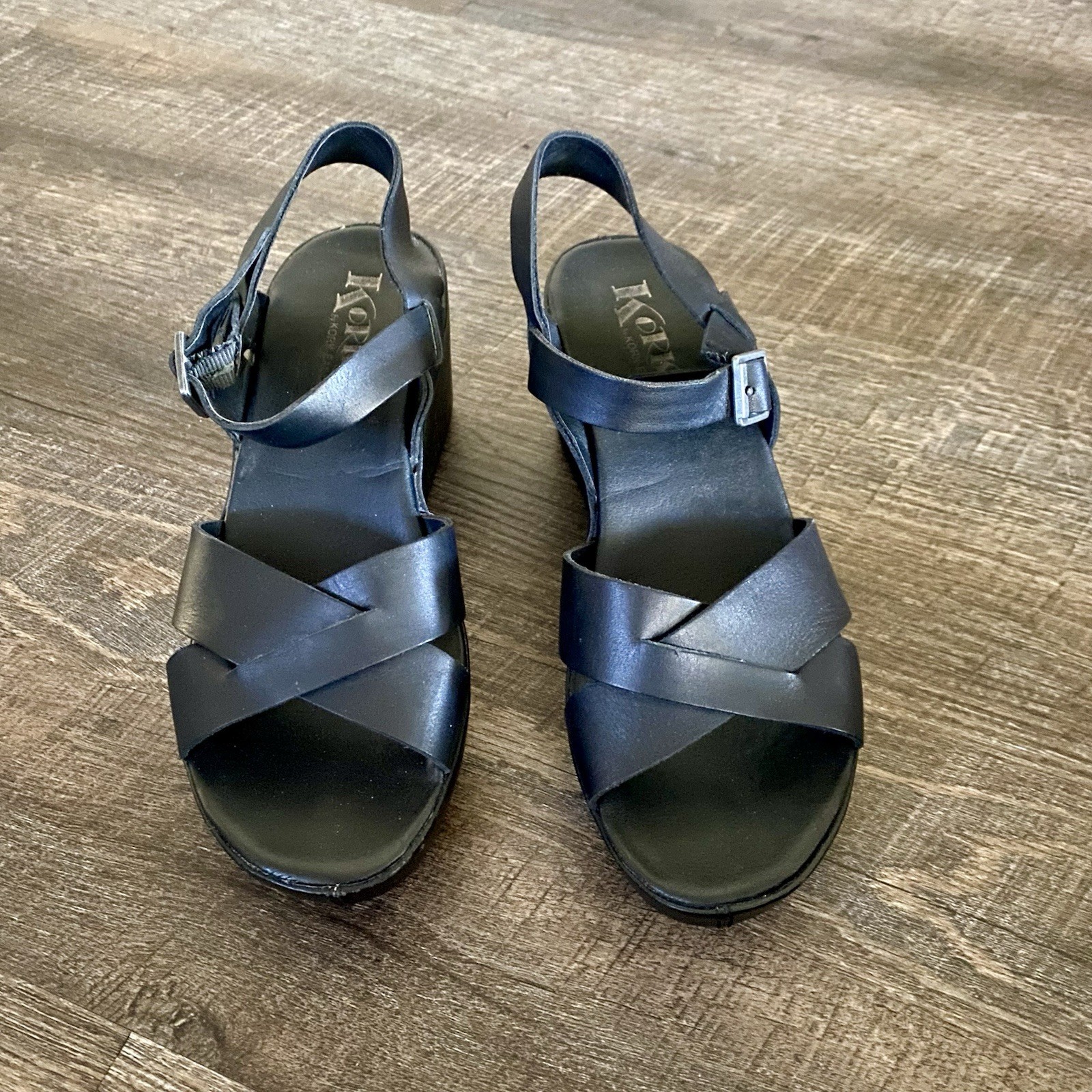 Kork-Ease Kirk’s Denica Black Leather Platform Strappy Wedge Sandals 8M