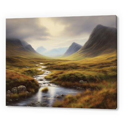 Vintage Countryside Mountains River Stream Landscape Canvas Print Wall Art