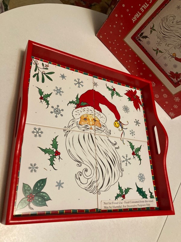 New SANTA Christmas JCPenny Cocktail Appetizer Serving Tray Ceramic 4Tile 13x13"
