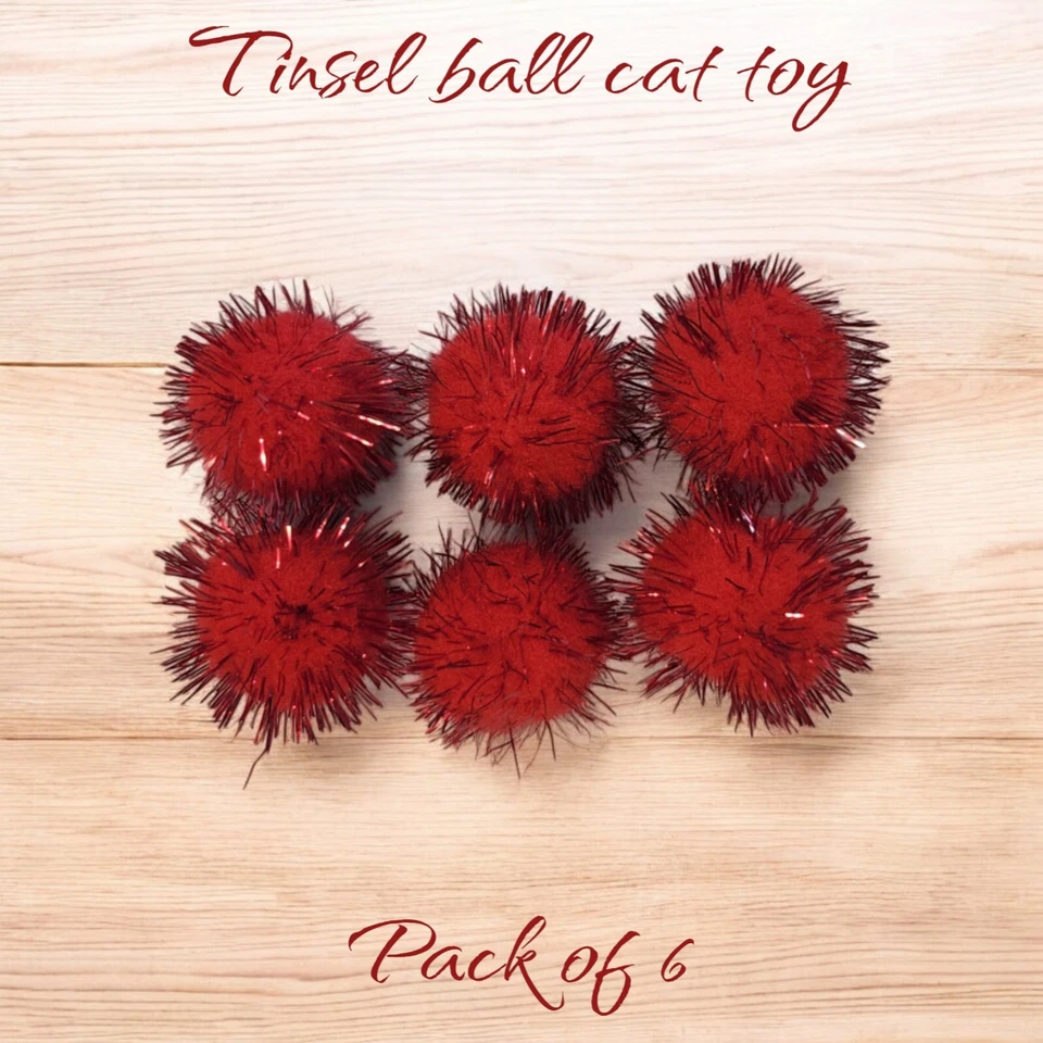CA&T 6 Piece Red Sparkle Balls Cat'S Favorite Toy Tinsel Pom Poms Glitter