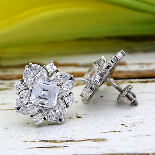 Art Deco Asscher Cut Cocktail Earrings Sterling Silver Fine Wedding Stud Earring - Picture 5 of 7