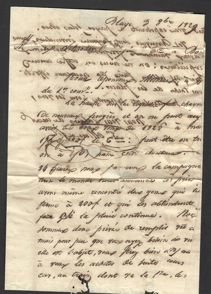 FRANCE 1829 EARLY "BLAYE" FOLDED LETTER TO "BORDEAUX" CRITTER EATEN - Image 2 of 2