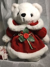 Giftco White Teddy Bear Plush Vintage Christmas Red Velvet And Fur Dress