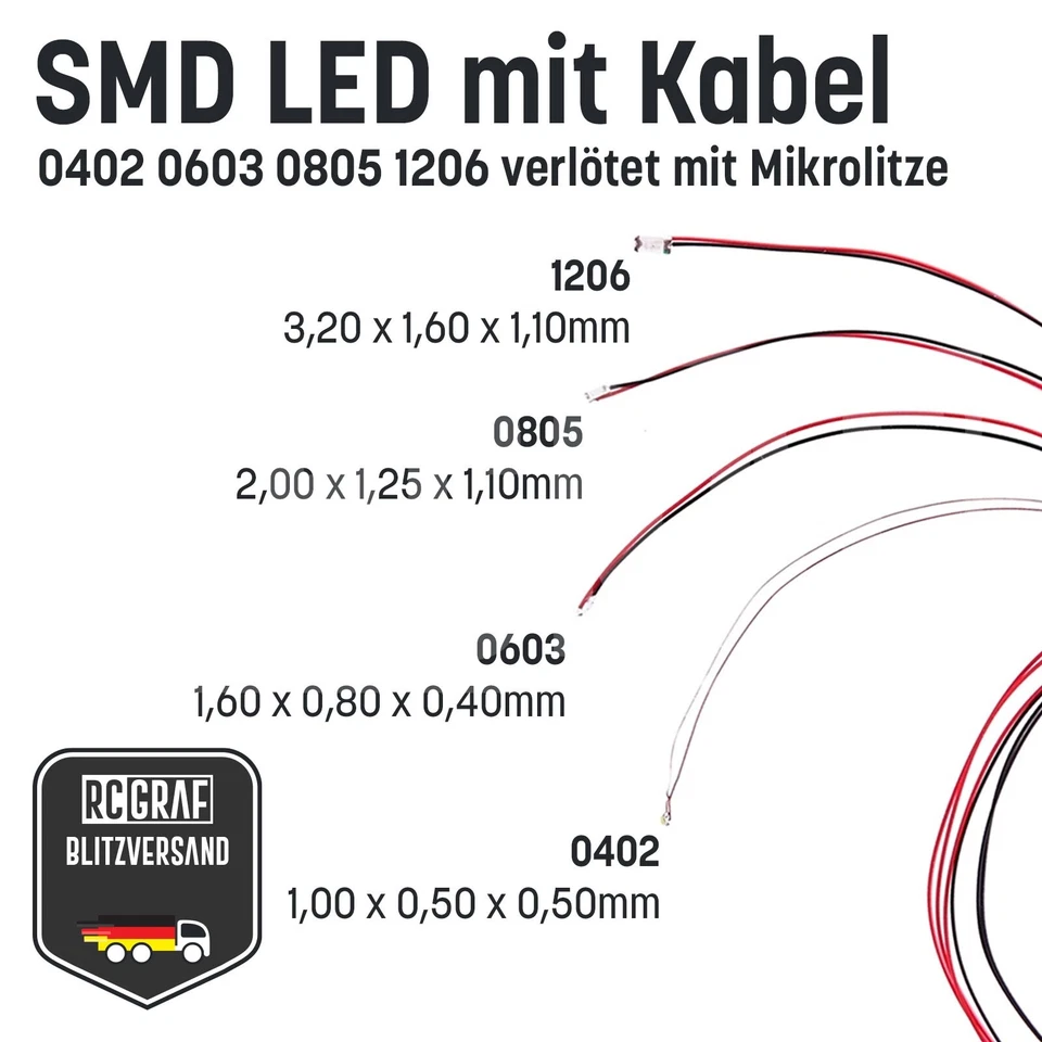 5-100St SMD LED 0402 0603 0805 1206 30cm Mikrolitze verlötet Modell Miniatur - Bild 3 von 4