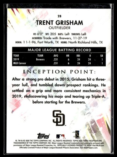2020 Topps Inception Trent Grisham Rookie San Diego Padres #28 - Picture 2 of 2