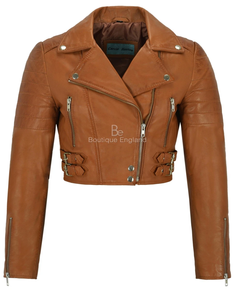 Short tan top leather jacket