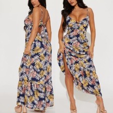 NEW NWT IRIS DISCOVERY Print Tank Maxi Dress Navy Blue Palm Leaf Floral Small S