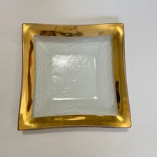 ANNIEGLASS Signed 6.75" Square Glass Platter Bowl Roman Antique 24K Gold Rim