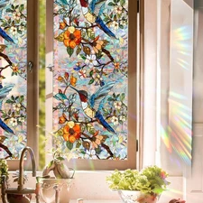 Birds Stained Glass Window Privacy Film, Decorative Rainbow Window Privacy Fi...