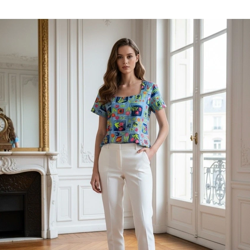 Haut Oilily à Manches Longues - Imprimé Bleu Et Rose - Occasion Très Bon état - Taille 44