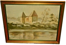 BARBARA CLEARY Original Vintage Signed Chateau House Lake Landscape Oil Painting