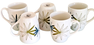 Pier 1 Mugs 5 Kui Hua Porcelain Coffee XL White Blue Green Atomic Floral Star