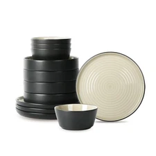 Elica Stoneware 12-Piece Dinnerware, Plates and Bowls Sets, Service for 4, Be...