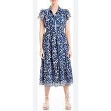 Max Studio blue Slavic floral print short-sleeve tiered Midi dress. Size L. NWT