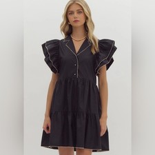 Entro Black Contrast Stitch Ruffle Tiered Dress Women’s L Lightweight Casual