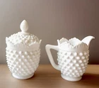 Vintage Fenton hobnail milk glass creamer and covered sugar bowl set