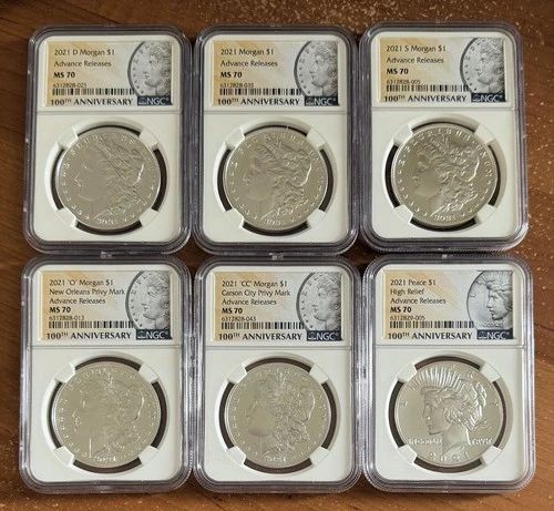 2021 $1 Morgan & Peace Silver Dollar 6pc Set NGC MS70 Advance Releases CC Privy
