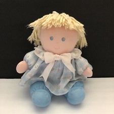 VTG Eden Blue Plaid Dress Stuffed Plush 11 Blond Ponytail Yarn Girl Rag Doll