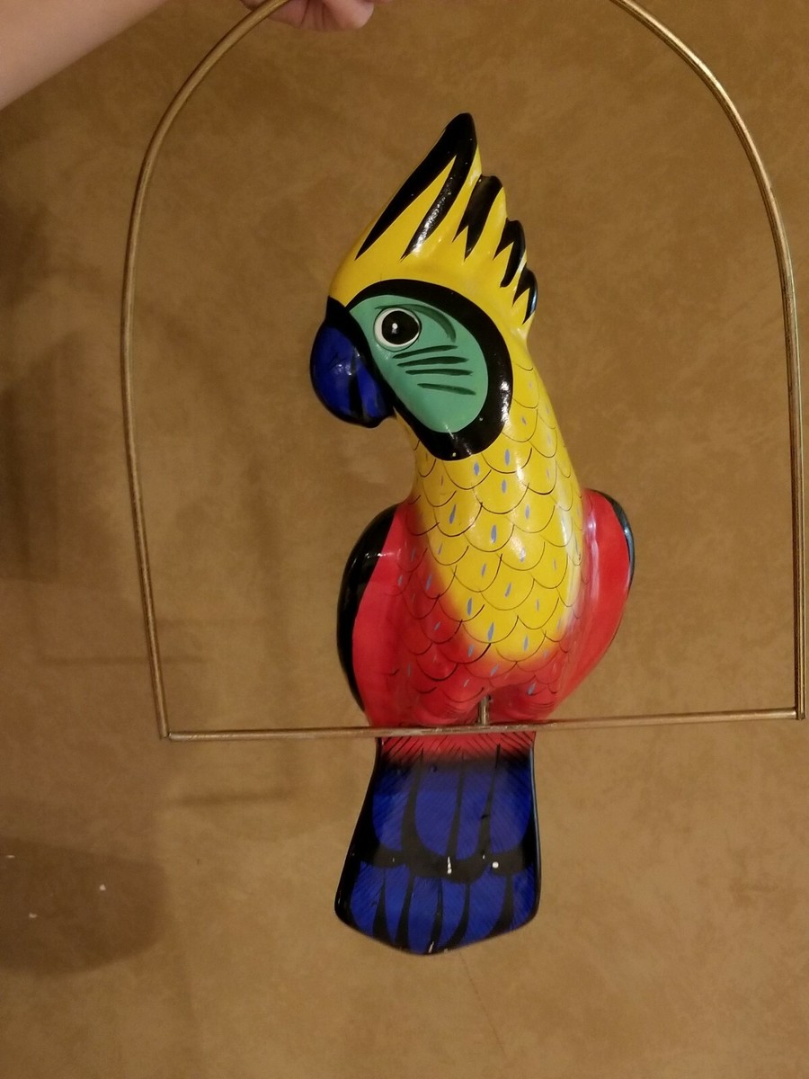 VTG Hanging Hand Painted Ceramic Parrot on a Metal Swing Hoop