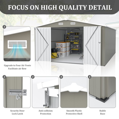 Campcraft Metal Storage Shed 10×14 FT with 3 Lockable Doors, 4 Vents, Light Grey - Picture 6 of 21