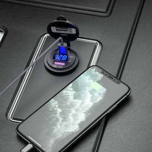 QC 3.0 + PD Chargeur Double Prise USB + Voltmètre LED + Prise de Puissance 12V pour Voiture Bateau RV - Photo 2 sur 17