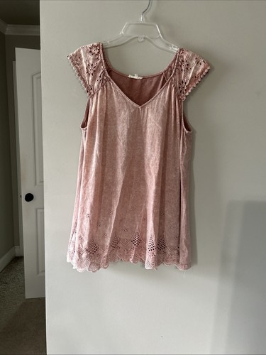 Easel Washed Color Long Top / Mini Dress Sz M Eyelet Trims