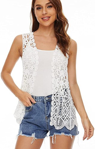 Womens Floral Crochet Lace Boho Trim Sleeveless Open Front Vest Cardigan |  eBay