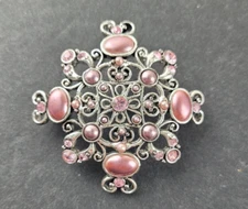 Liz Claiborne Ornate Silver Tone Pink Rhinestone Mini Cabochon Brooch