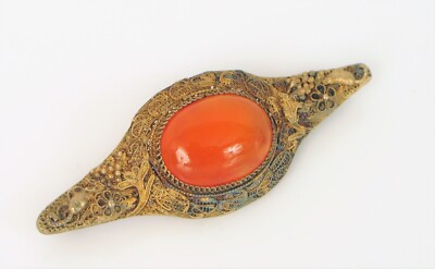 VTG BEAUTIFUL CHINESE EXPORT STERLING SILVER CARNELIAN ORNATE FILIGREE BROOCH