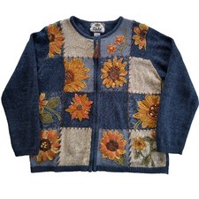 VTG TIARA INTERNATIONAL Size S Blue Yellow Sunflower Ramie Cotton Zip Cardigan