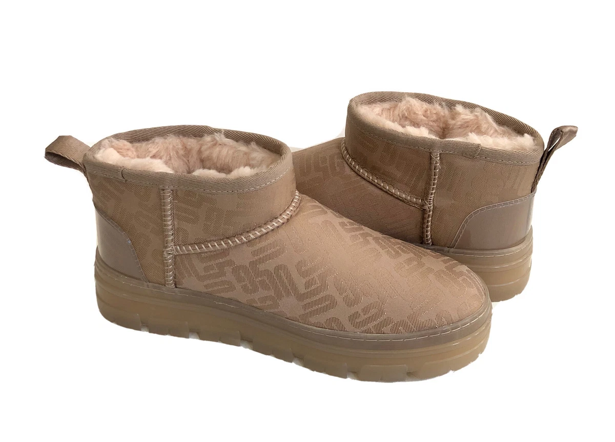 UGG CLASSIC ULTRA MINI MONOGRAM CLEAR TAN GREY SHEARLING BOOT US 6 / EU 37  /UK 4