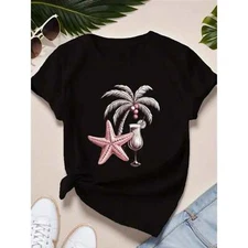 Ladies' tropical vacation T-shirt, printed with palm trees and cocktails