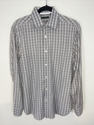 Theory Marco Maroon White Maroon Plaid Cotton Dress Shirt 15.5R 32-33