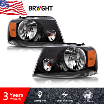 For 04-08 Ford F150 Pickup Black Housing Headlight Amber Side Corner Lamps Pair