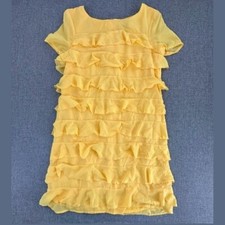 H&M Mini Dress Ruffled Tiered Yellow Size 6 Lined Short Sleeve Round Neck Polyes