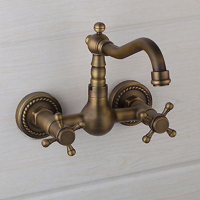 Wall Mounted Antique Brass Vintage Bathroom Faucet Double Cross Handle  Mixer Tap | eBay