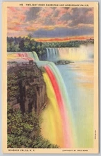 Niagara Falls New York Linen Postcard Twilight over American Falls