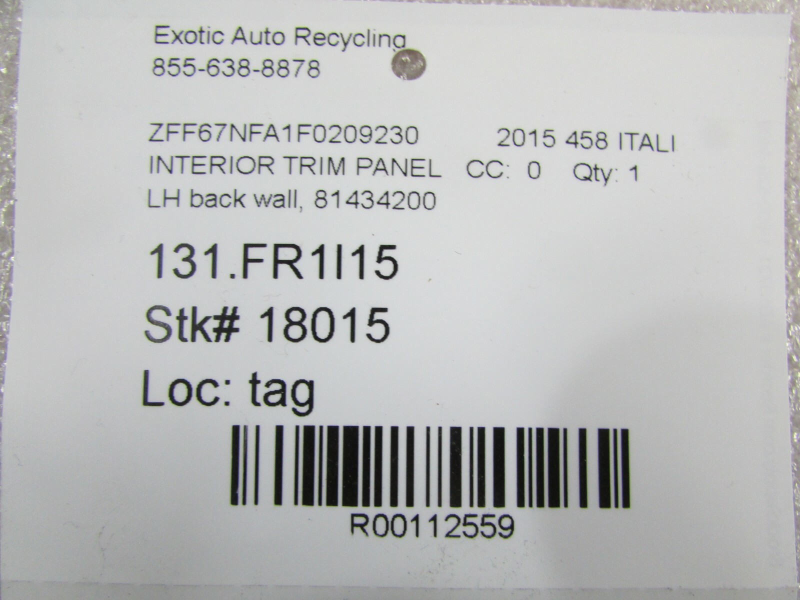 Ferrari 458 Italia, LH, Left Black Wall Panel, Used, P/N 83709312