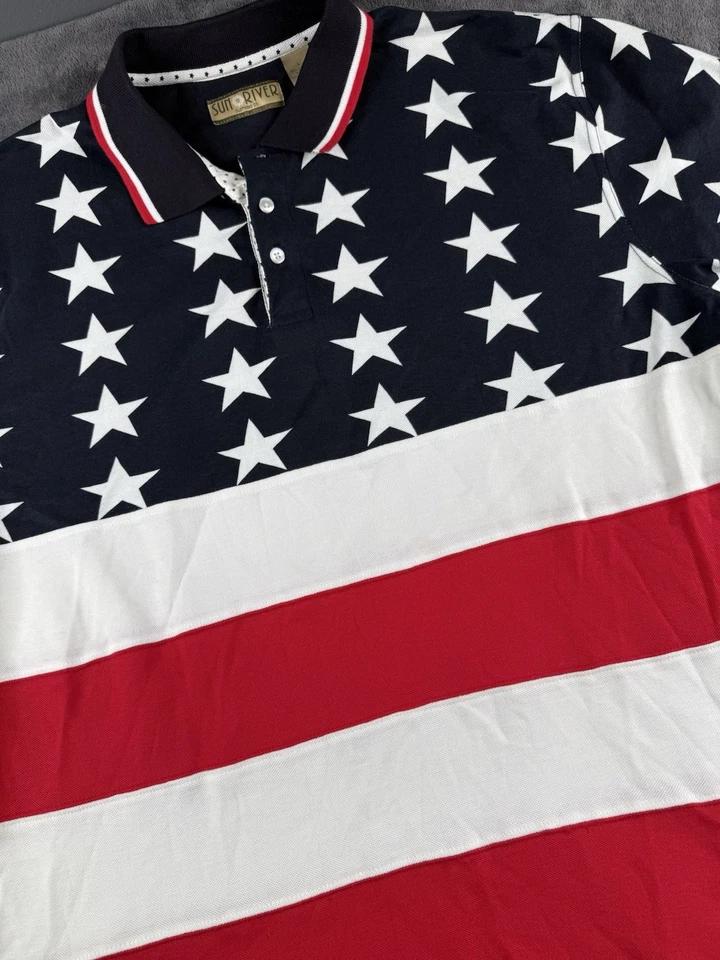 Sun River Mens L Knit Polo Shirt Red White Blue USA Flag Stars Stripes - Image 3 of 4