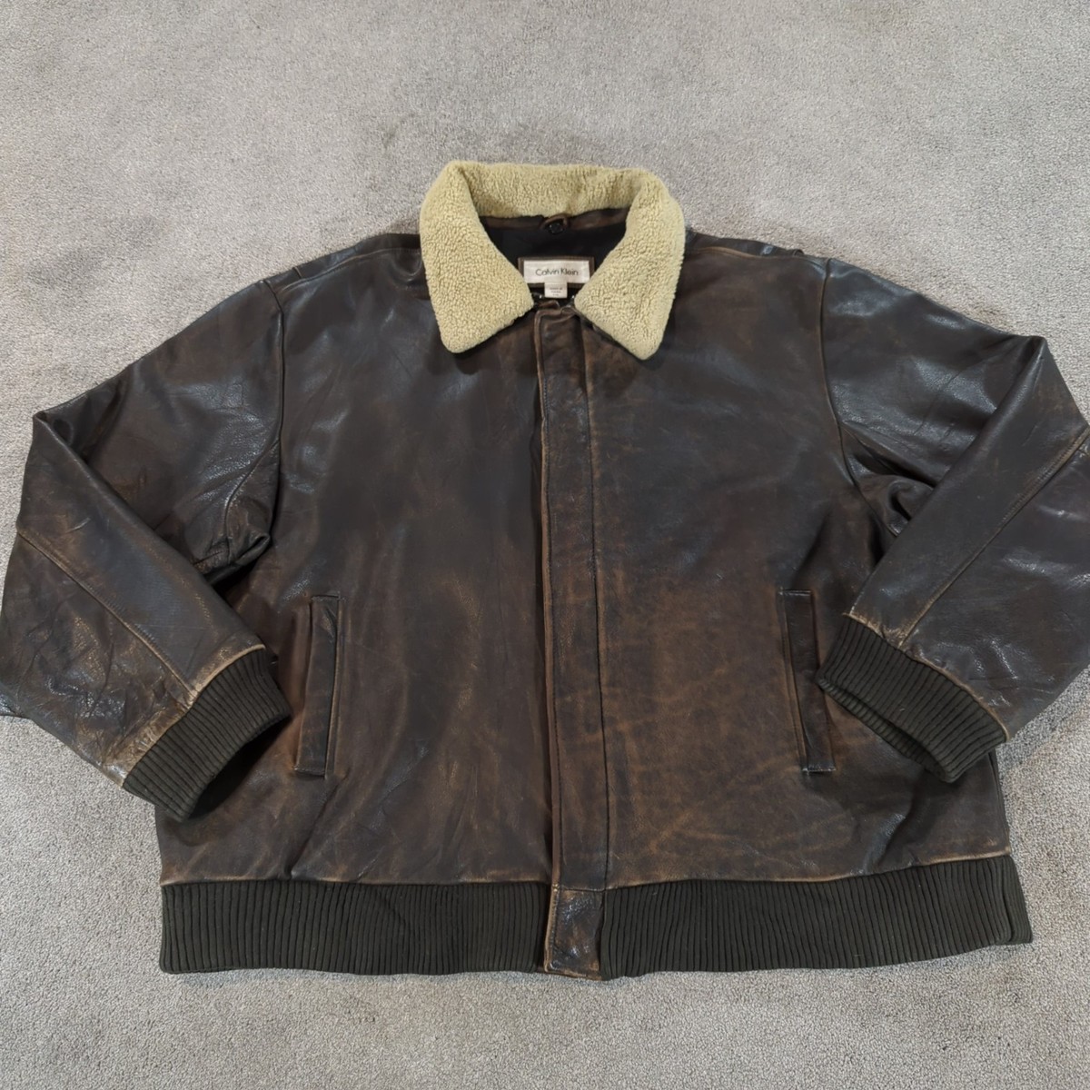 Calvin Klein Flying Leather Jacket Mens 2XL Brown Bomber Flight
