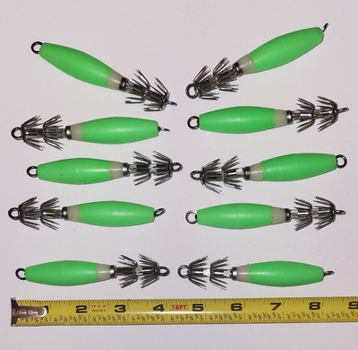10 Green Squid / Octopus Jigs 32 Sharp Prongs 4'' Approximate Overall Length
